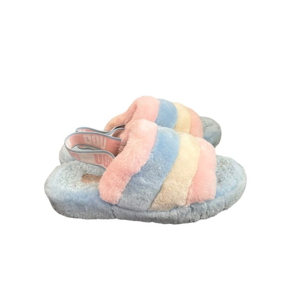 UGG Pastel Fluff Yeah Furry Pride Slingback Striped Pink Blue Slippers Sandals - Picture 8 of 12
